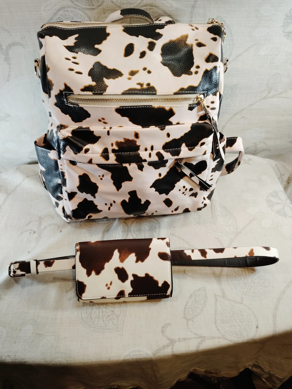 Backpack with Matching Belt Bag In A Cow-print - Brown Cream & Slight Pink Hue